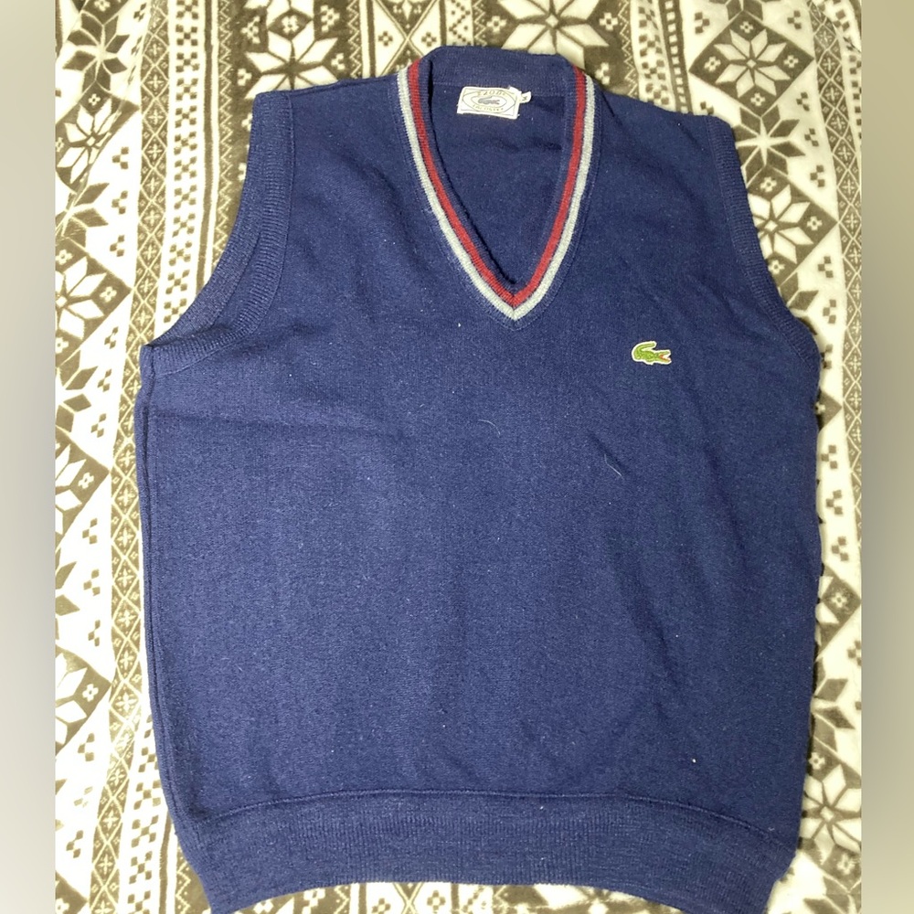 Lacoste Navy Blue V-Neck Sleeveless Sweater Vest with Stripe Trim